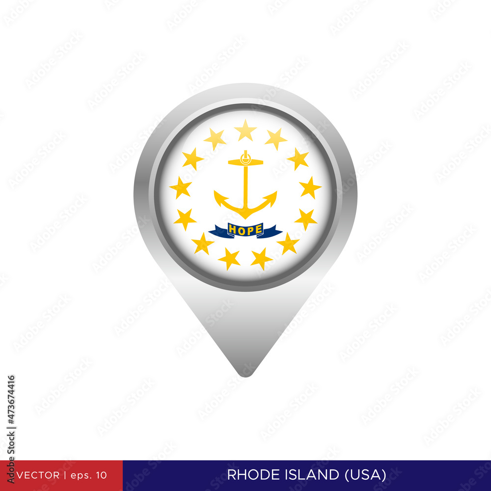 Rhode Island flag with map pin vector stock illustration design template. Vector eps 10.