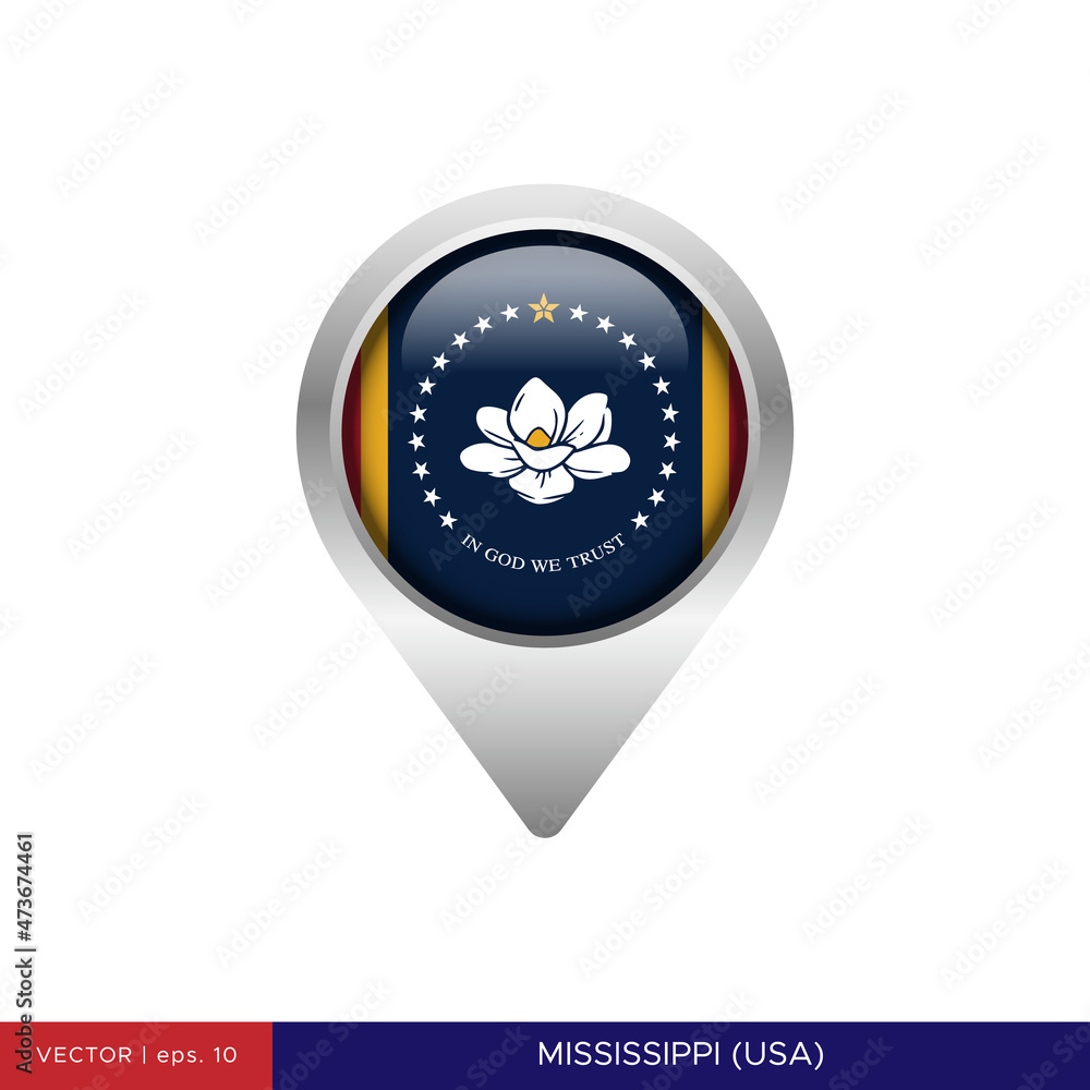 Mississippi flag with map pin vector stock illustration design template. Vector eps 10. Mississippi flag with map pin vector stock illustration design template. Vector eps 10.