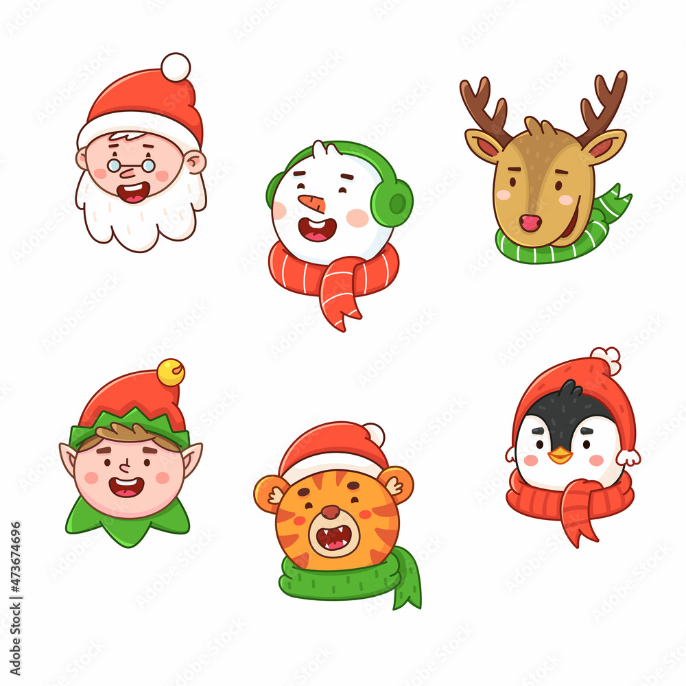 Portraits of Christmas characters in cartoon style. Heads of fairy-tale characters and animals. Symbols of the new year. Holiday clipart isolated on white background