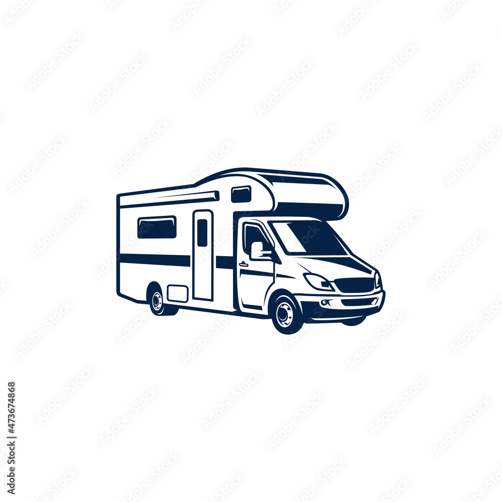 Naklejka premium Classic Camper Van with High Roof monochrome illustration logo vector