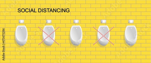Signal tape on urinals - observance of social distance. Coronavirus protection concept. Vector illustration.