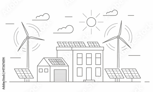 Eco friendly modern house. Alternative wind energy station. Solar panels, wind power. Environment concept vector outline illustration.