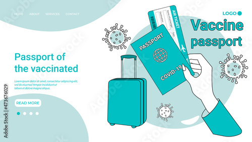 Passport of the vaccinated .Prevention of COVID-19.Vaccine passport on the background of a ticket and a suitcase.An illustration in the style of a landing page in green.