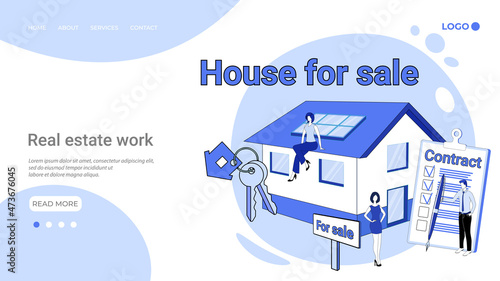 Realtor work.People are engaged in the valuation and sale of real estate.Illustration in the style of landing page in blue.