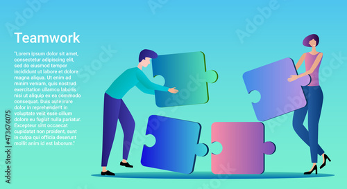 Teamwork.Puzzles, puzzles as a symbol of a single team.People connecting the puzzle elements.Poster in business style.Flat vector illustration.