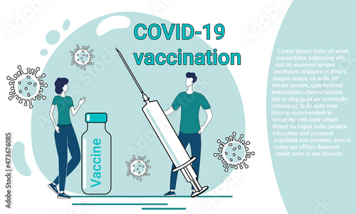 Vaccination.Prevention of COVID-19/People are vaccinated against the background of a syringe and a vaccine.An illustration in the style of a landing page in green.