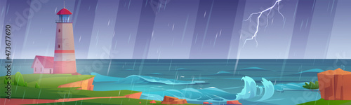 Lighthouse on rock cliff on sea shore in rain. Vector cartoon illustration of summer landscape of ocean coast with beacon and thunderstorm with lightning and waves on sea