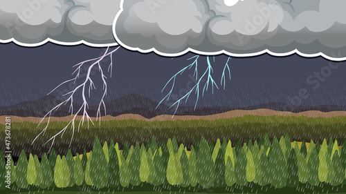 Thumbnail design with raining and lightning in nature landscape