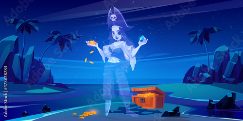 Tropical island with ghost of girl pirate and treasure chest full of gold coins. Vector cartoon night sea landscape with sand beach, palm trees, wooden box with money and spirit of dead woman captain