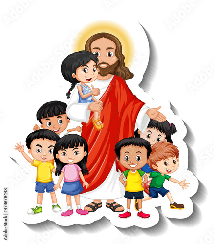 Jesus Christ with children group sticker on white background