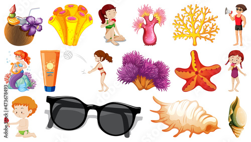 Set of summer beach objects and cartoon characters