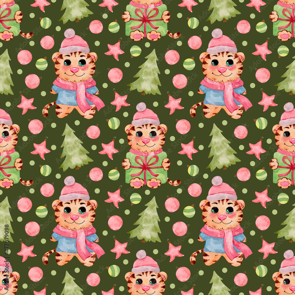 Watercolor tiger pattern. Hand drawn Christmas and New Year seamless background with cute cartoon tiger design for wallpaper, wrapping paper, scrapbook etc Watercolor tiger pattern. Hand drawn Christmas and New Year seamless background with cute cartoon tiger design for wallpaper, wrapping paper, scrapbook etc