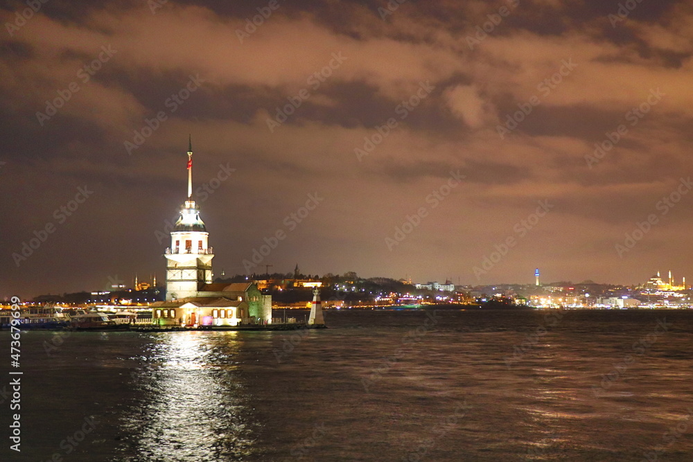 Night view of Maiden Tower in Istanbul, Turkey
