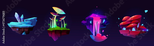 Floating islands ice crystal or rock, mushrooms, pink waterfall fantasy alien planet landscape locations, 2d game level design, ui flying platforms for jumping, graphic for arcade, Cartoon vector set