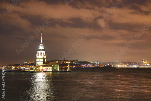 Night view of Maiden Tower in Istanbul, Turkey