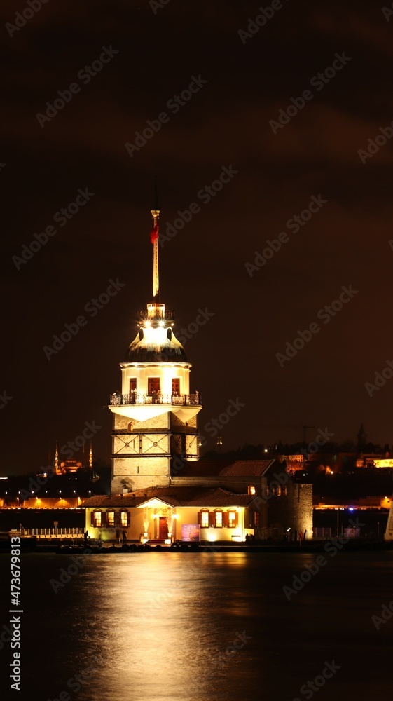 Night view of Maiden Tower in Istanbul, Turkey