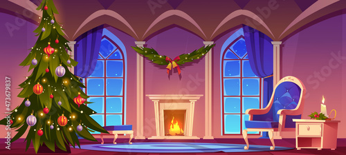 Room at Christmas night, empty home interior with burning fireplace, decorated fir tree with toys and glowing garlands, classic furniture and large arched windows, Xmas eve Cartoon vector illustration