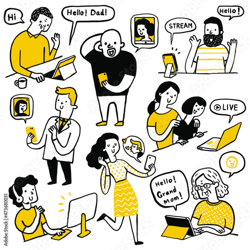 Doodle illustration of people connecting each other via social network, live streaming, and online video chat. Outline, linear, thin line art, hand drawn sketch design, simple style.