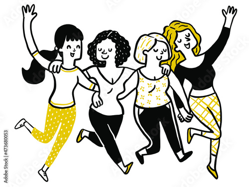 Cute and funny doodle character of diverse women holding hands, running and jumping together, having fun, smiling and enjoying friendship. Outline, hand drawn sketch.