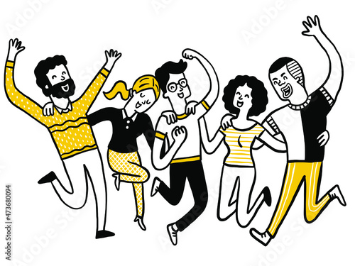 cute and funny character of diverse people jumping in the air, in concept of friendship, happy, freedom, winning, celebration, togetherness. Diversity, multiracial, man and woman. Doodle style.
