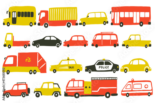 Cartoon set of cute vehicles illustration.