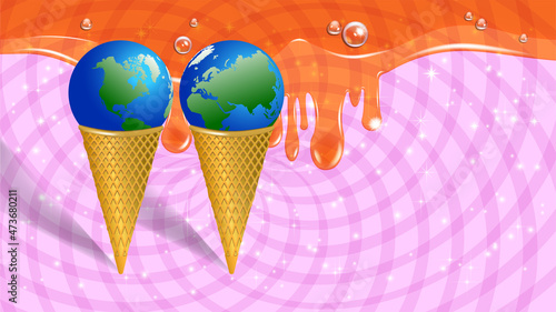 Abstract ice cream cone with planet Earth on a pink background with radiant sparks and translucent streaks of molasses