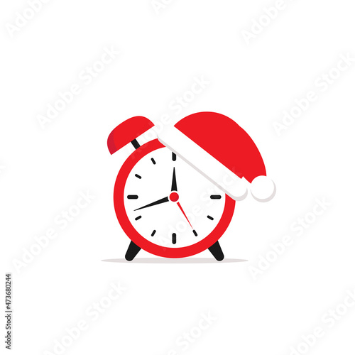 red alarm clock with Santa Hat. Flat icon isolated on white background.