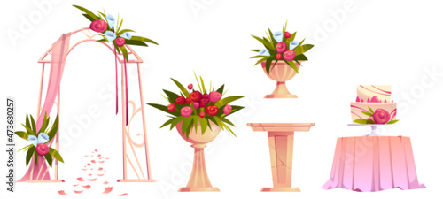 Wedding decoration with floral arch, cake on table and flowers on marble stand. Vector cartoon set of objects for marriage ceremony, wedding gate with roses, bouquets and cream cake