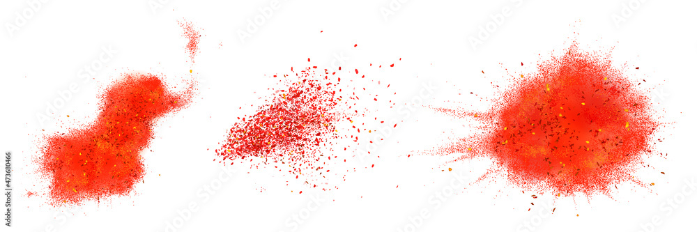 Chili pepper powder splash, spicy burst, dust or red color explosion on white background. Chilli or paprika spice splatters, paint clouds design elements isolated on white background, Realistic 3d - obrazy, fototapety, plakaty 