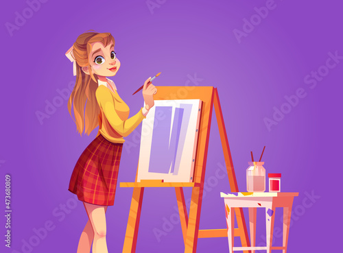Girl painter draws on canvas with brush. Vector cartoon illustration of beautiful woman artist with paintbrush, easel with picture and stool with paints and glass jar with water