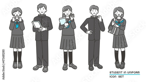 セーラー服や学ランを着る男女の学生のベクターイラスト素材／制服／高校生／中学生