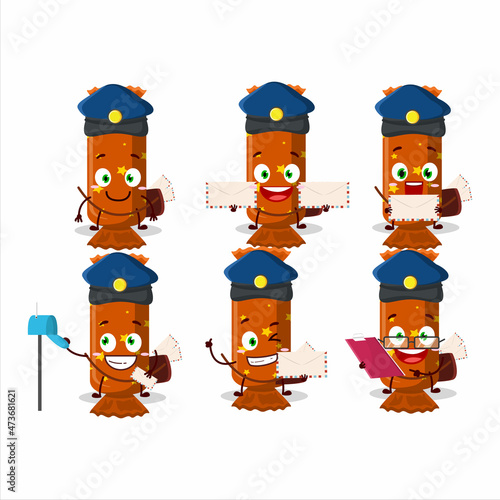 A picture of cheerful orange long candy package postman cartoon design concept