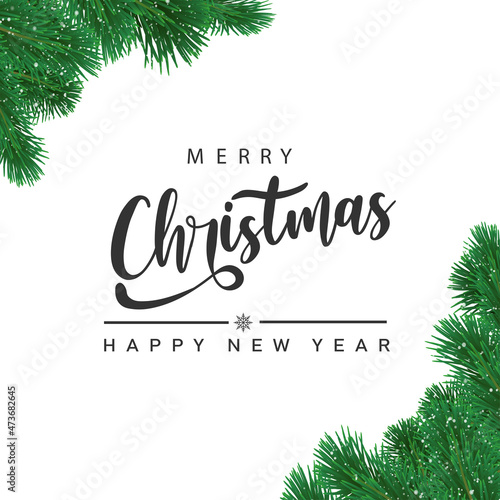 Christmas and Happy New Year tree branches border with handwriting lettering. Vector.