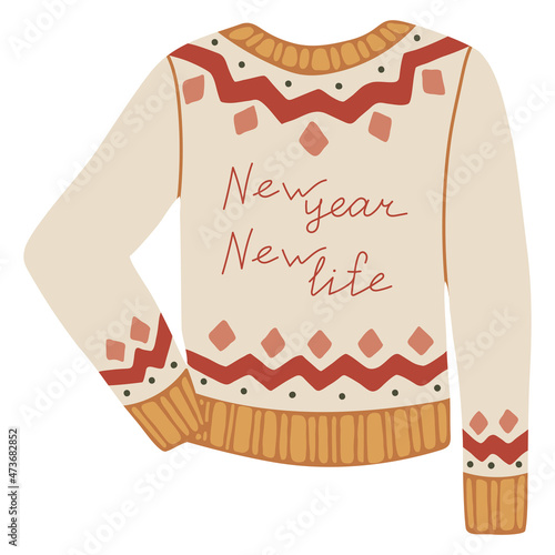 Isolated vector element. Knitted sweater. Warm sweater. Cozy sweater. lothing store. Color image on a white background. The print is used for packaging design.