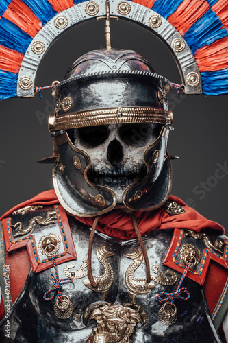 Portrait of zombie dressed in costume of roman soldier