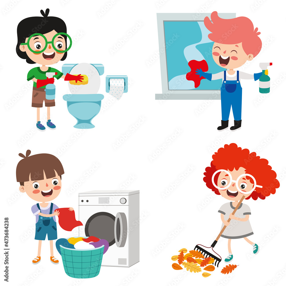 Set Of Children Doing Various Houseworks Set Of Children Doing Various Houseworks