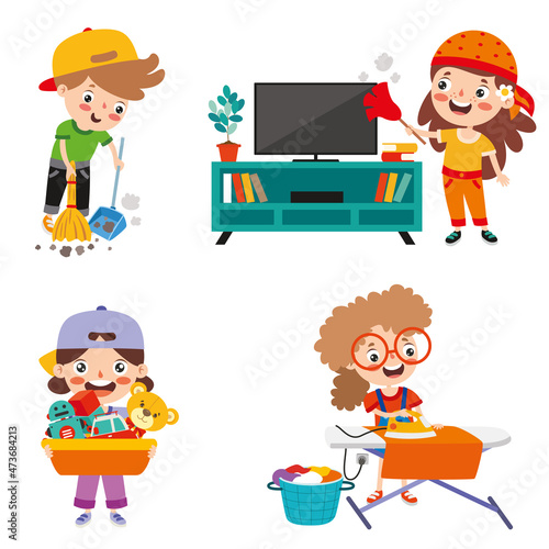 Set Of Children Doing Various Houseworks