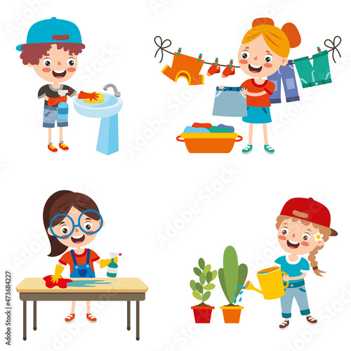 Set Of Children Doing Various Houseworks