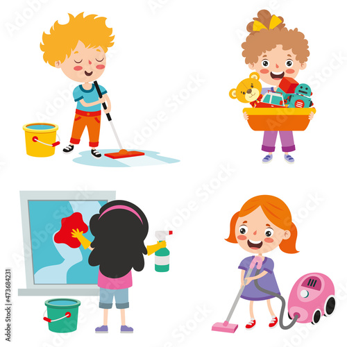 Set Of Children Doing Various Houseworks