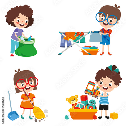 Set Of Children Doing Various Houseworks