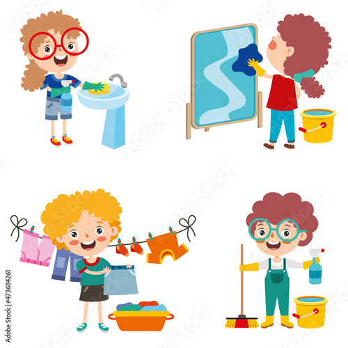 Set Of Children Doing Various Houseworks
