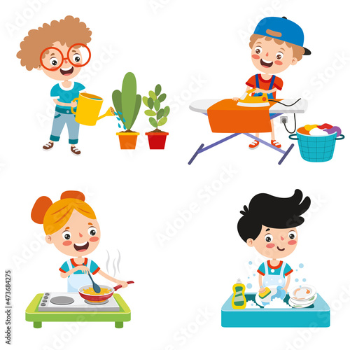 Set Of Children Doing Various Houseworks