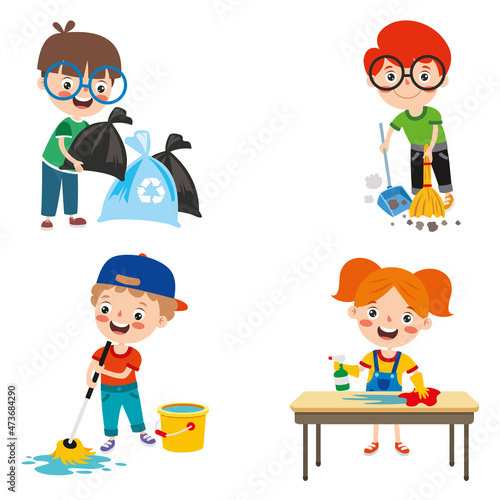 Set Of Children Doing Various Houseworks