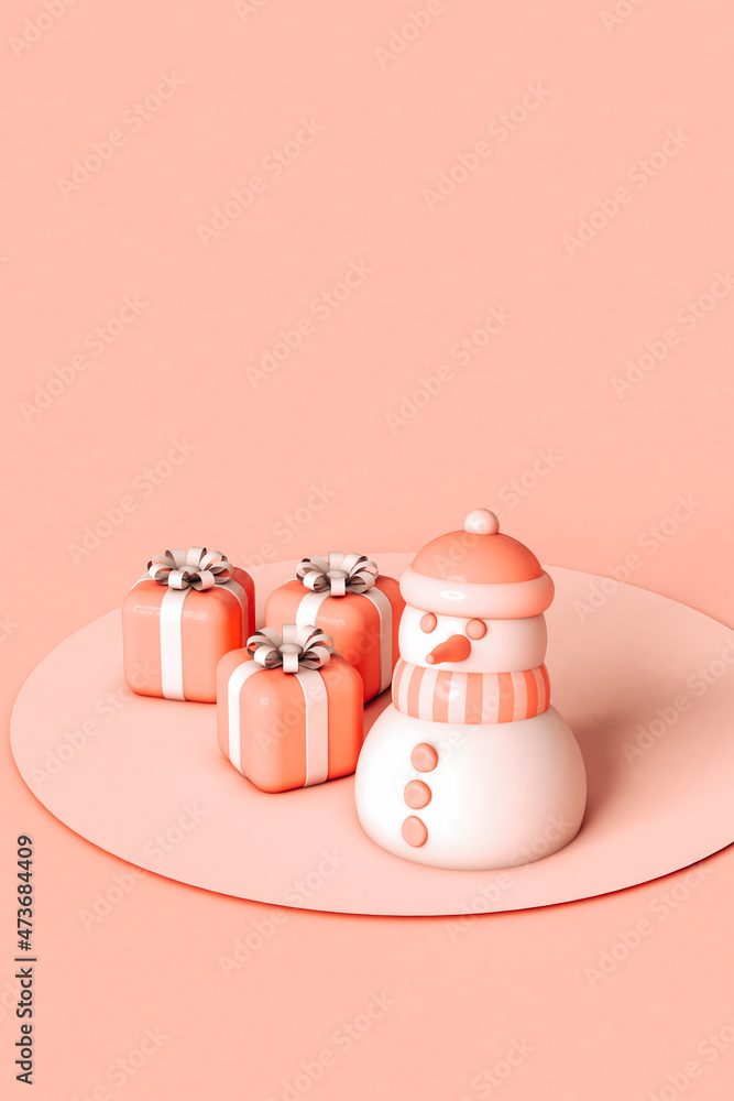Pink Snowman standing with Gift boxes on a pedestal. Pink Snowman standing with Gift boxes on a pedestal.