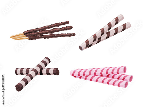 Different biscuit waffle sticks with chocolate set on a white isolated background. Delicious dessert. Vector cartoon illustration.