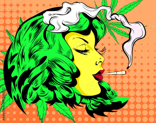 Doodle with girl smoked marijuana joint.
