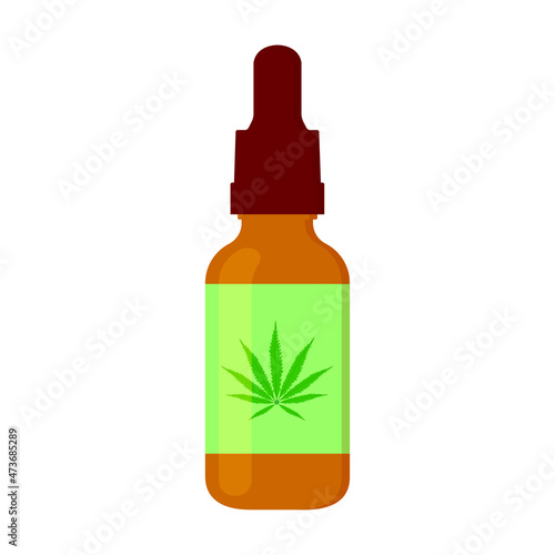 CBD oil serum in bottle with cannabis leaf on label. Hemp cosmetic product for skin and hair isolated on white background. Cannabidiol for beauty care. Vector cartoon illustration