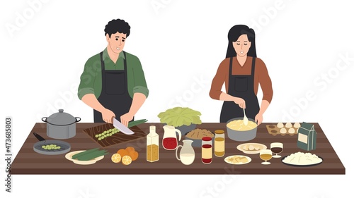 Cooking on the kitchen table. Smiling man and woman prepare food in the kitchen from dough, vegetables, eggs, oil, cereals and other food. Flat vector illustration isolated on white background.