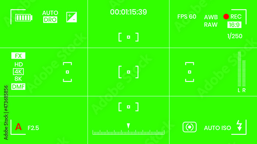 Green colored chroma key camera rec frame viewfinder overlay background screen flat style design vector illustration. Chroma key VFX screen camera overlay abstract background concept for video footage