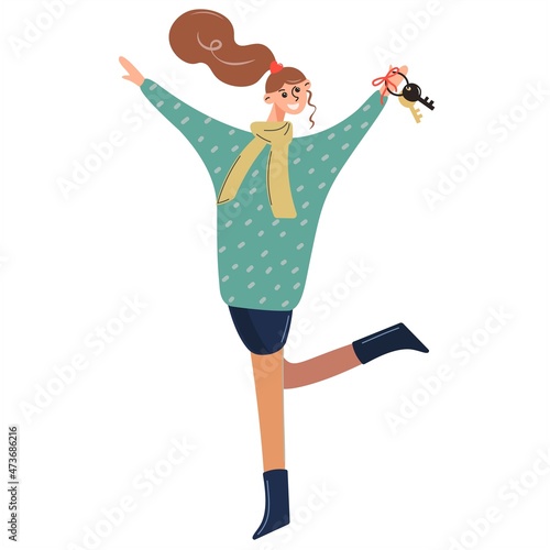 The happy girl received the keys to an apartment or a car. The female character is jumping with happiness. Woman showing keys to new house or car isolated on white background. Vector flat illustration